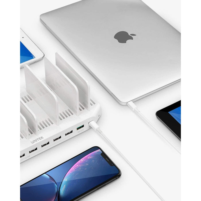 Unitek 160W 10-Port USB Quick Charger Dock for iPads iPhones with Power Delivery that will charge all Pro and Macbook Air made after 2015 - White