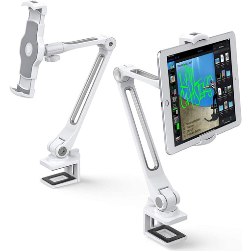 AboveTEK Sturdy Holder, Aluminum Long Arm iPad Mount, 360° Swivel Tablet Stand & Phone Holder with Bracket Cradle Clamps 4"-11" Devices for Kitchen Bedside Office Desk Showcase - White