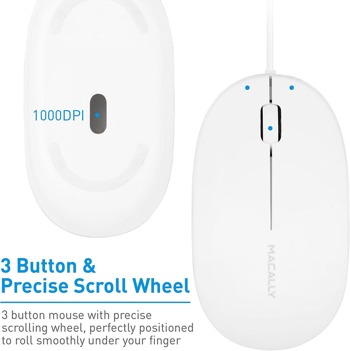 Macally 3-Button Optical USB Wired Computer Mouse with 5-Foot Cord, Compatible with PCs, Apple Macs, Desktops, Laptops - White ICEMOUSE2