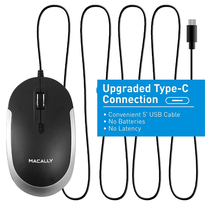 Macally Silent USB Type C Mouse Wired Apple Mac, Slim Compact Mice Design Optical Sensor & DPI Switch 800-1200-1600-2400, Small for Easy Travel