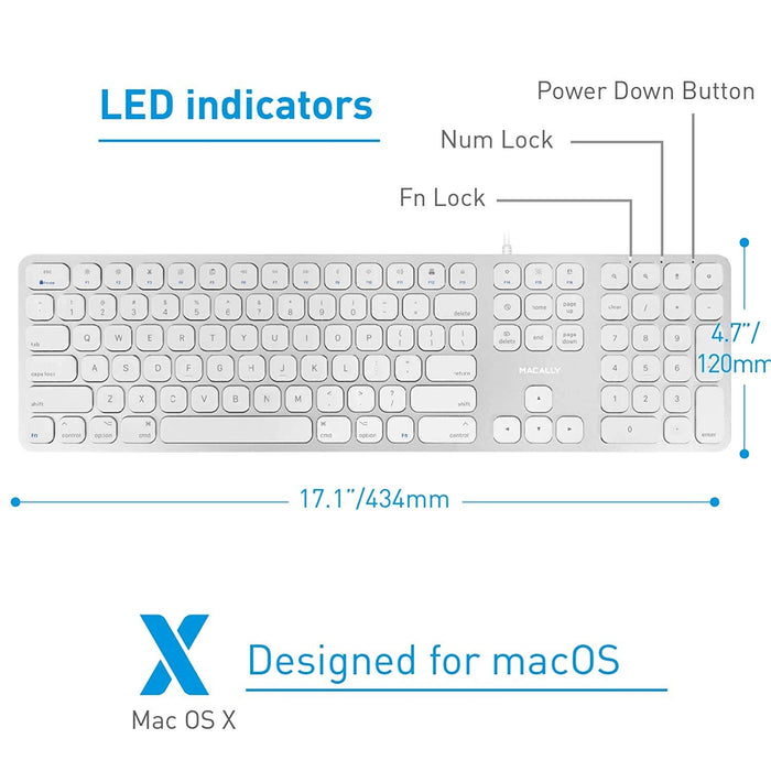 Macally Slim Aluminium Keyboard with 2 USB ports for Mac - Silver