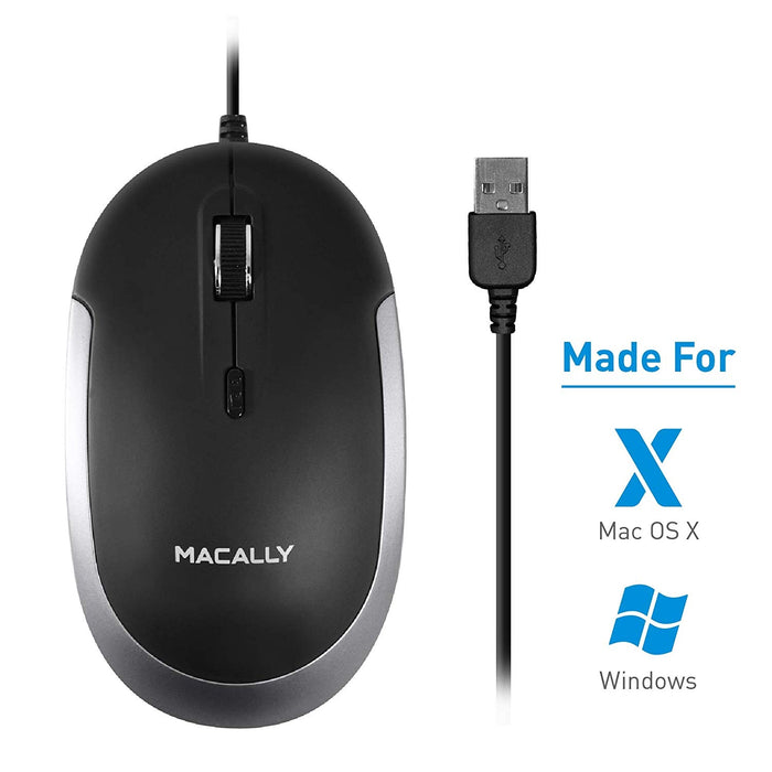 Macally Silent USB Mouse Wired Apple Mac or Windows, Slim Compact Mice Design with Optical Sensor & DPI Switch 800-1200-1600-2400, Small for Easy Travel Space Gray - Black