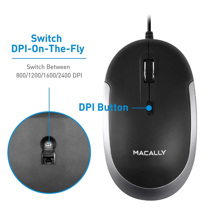 Macally Silent USB Type C Mouse Wired Apple Mac, Slim Compact Mice Design Optical Sensor & DPI Switch 800-1200-1600-2400, Small for Easy Travel