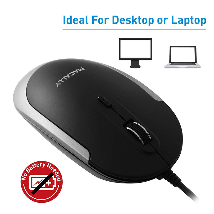 Macally Silent USB Mouse Wired Apple Mac or Windows, Slim Compact Mice Design with Optical Sensor & DPI Switch 800-1200-1600-2400, Small for Easy Travel Space Gray - Black