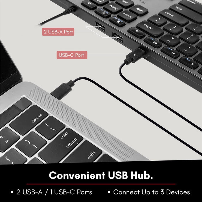 Macally Ultra Slim Wired Keyboard with 2 USB-A 1 x USB-C Port Hub for Mac and PC