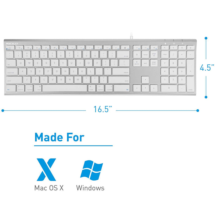 Macally Ultra Slim USB Wired keyboard for Mac and PC - Aluminium Silver