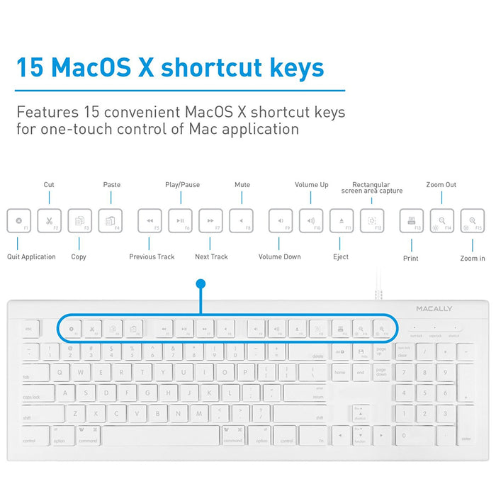 Macally 104 Key Full-Size USB Wired Keyboard With Shortcut Keys for Mac - White