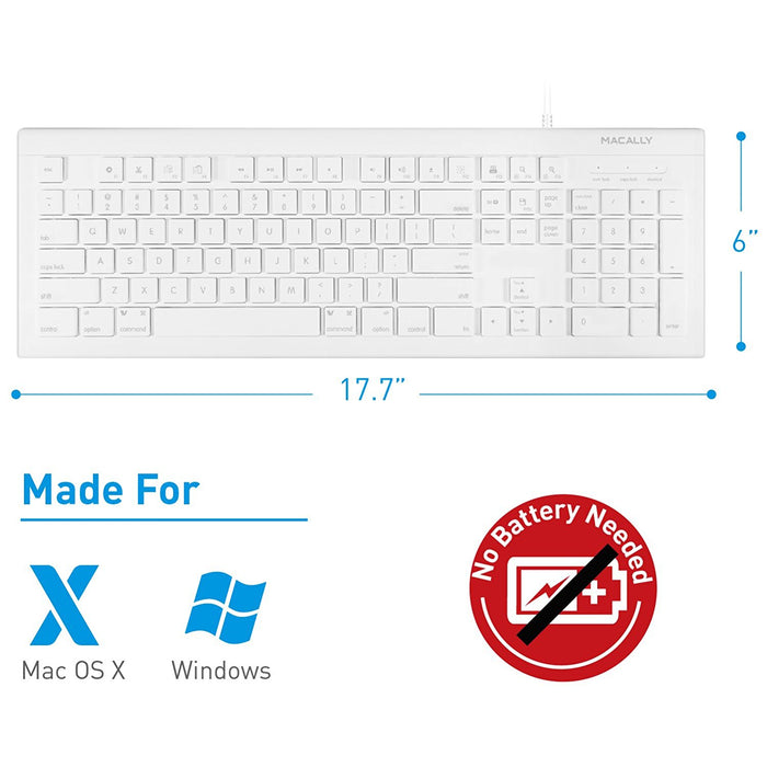 Macally 104 Key Full-Size USB Wired Keyboard With Shortcut Keys for Mac - White