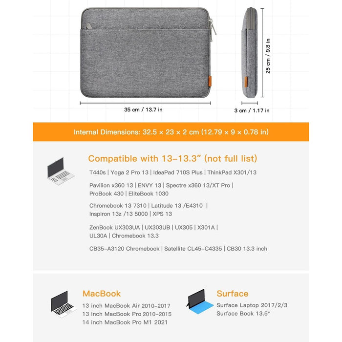 Inateck 13-13.5” Laptop Sleeve Carrying Case Compatible Air 2012-2017, MacBook 14 M1 2021,MacBook Pro 2012-2015, 13.5 Surface Laptop4 3 with Accessory Pouch - Grey