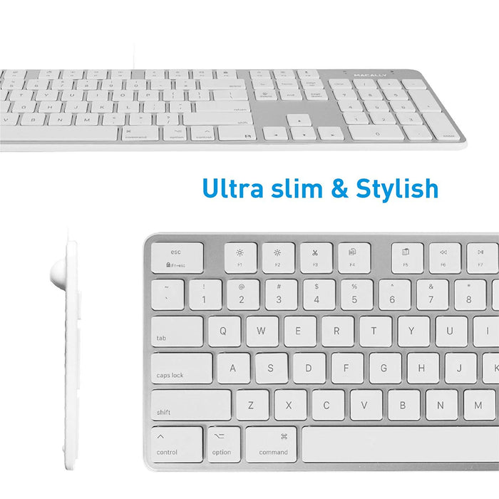 Macally 104 key Aluminum Ultra Slim USB Wired Keyboard for Mac - Silver