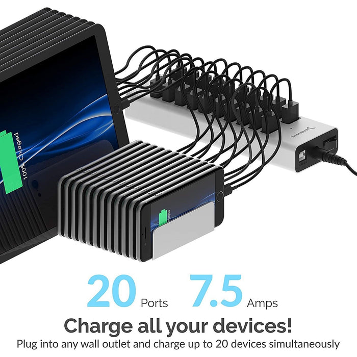 Sabrent 90W 20-Port USB 2.0 Fast Charger - Silver
