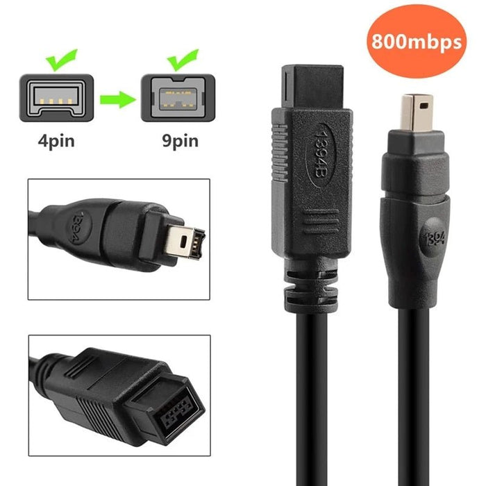 9 Pin to 4 Pin BILINGUAL FireWire 800 - FireWire 400 Cable 5m, Black - Macfixit Australia