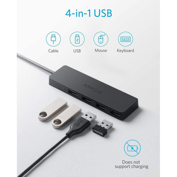 Anker 4 - Port USB 3.0 Hub, Ultra - Slim Data USB Hub with 0.6 m Extended Cable (Charging Not Supported) - Black - Macfixit Australia