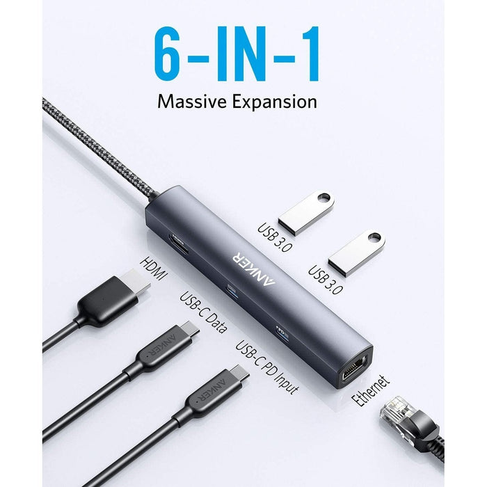 Anker PowerExpand 6 - in - 1 - USB C Hub, USB C PD Ethernet Hub with 65W Power Delivery, 4K HDMI, 1Gbps Ethernet, USB - C Data Port, 2 USB 3.0 Data Ports - Macfixit Australia
