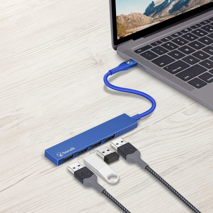 Bonelk Long - Life USB - C to 4 Port USB 3.0 Slim Hub (Blue) - Macfixit Australia