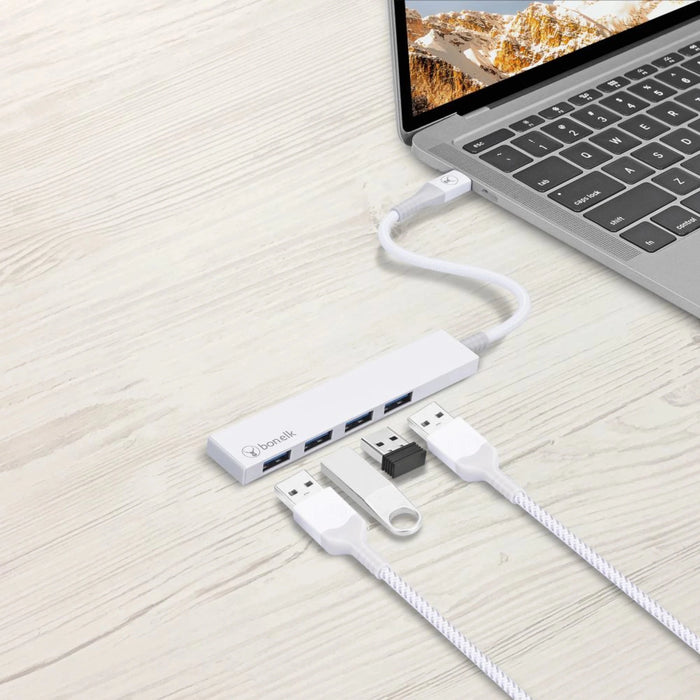 Bonelk Long - Life USB - C To 4 Port USB 3.0 Slim Hub (White) - Macfixit Australia