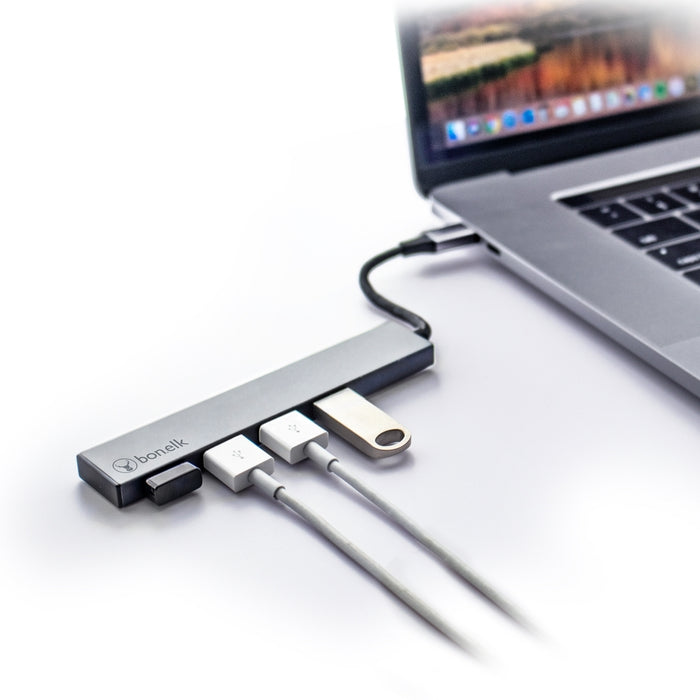 Bonelk USB-C to 4 Port USB 3.0 Slim Hub - Space Grey