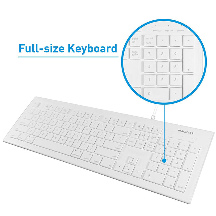 Macally 104 Key Full - Size USB Wired Keyboard With Shortcut Keys for Mac - White - Macfixit Australia