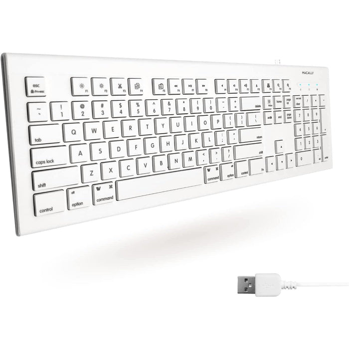 Macally 104 Key Full - Size USB Wired Keyboard With Shortcut Keys for Mac - White - Macfixit Australia