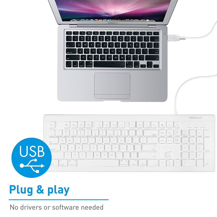 Macally 104 Key Full - Size USB Wired Keyboard With Shortcut Keys for Mac - White - Macfixit Australia
