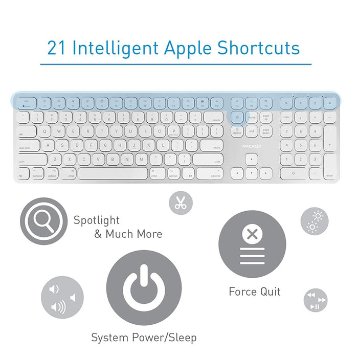 Macally Bluetooth Wireless Keyboard, Slim Full - Size Metal Frame & Extended Numeric Keypad - Silver - Macfixit Australia