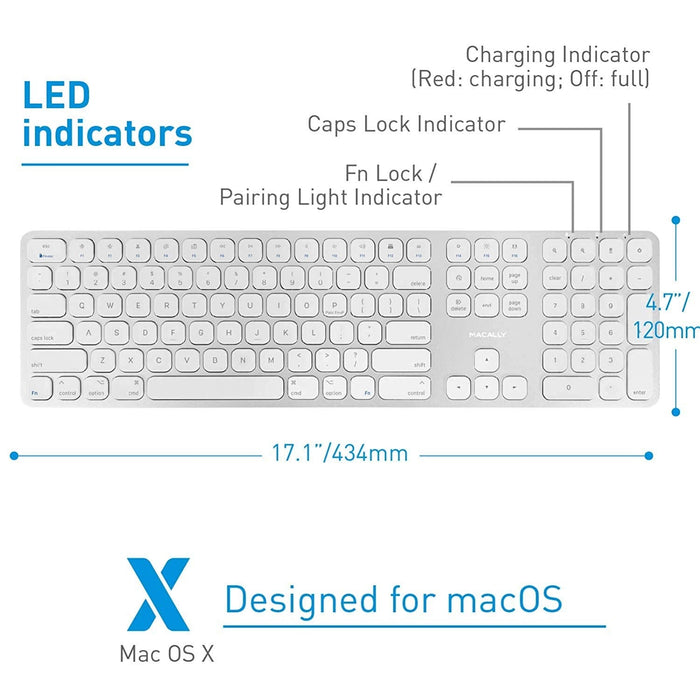 Macally Bluetooth Wireless Keyboard, Slim Full - Size Metal Frame & Extended Numeric Keypad - Silver - Macfixit Australia