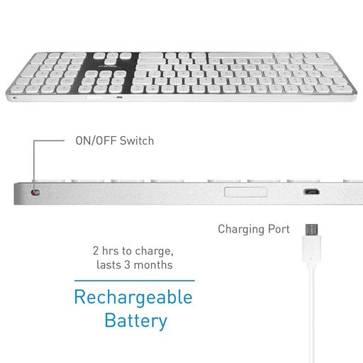 Macally Bluetooth Wireless Keyboard, Slim Full - Size Metal Frame & Extended Numeric Keypad - Silver - Macfixit Australia