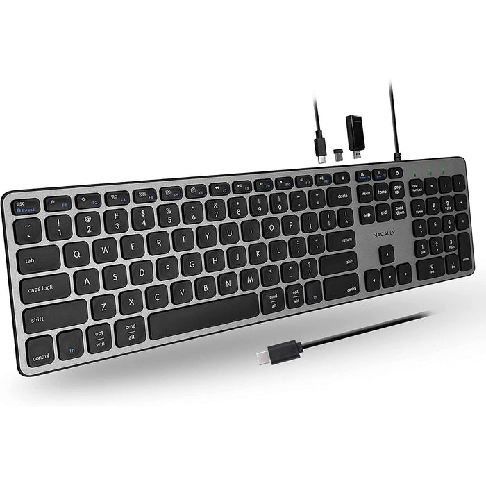 Macally Ultra Slim USB - C Wired Keyboard with 2 x USB - A and 1 x USB - C Port Hub for Mac and PC - Macfixit Australia