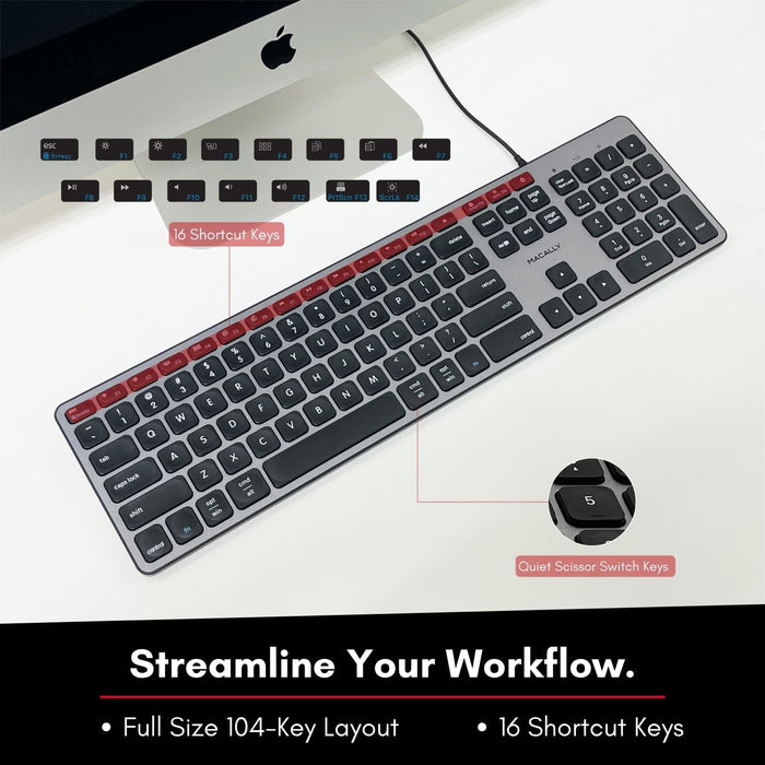Macally Ultra Slim USB - C Wired Keyboard with 2 x USB - A and 1 x USB - C Port Hub for Mac and PC - Macfixit Australia