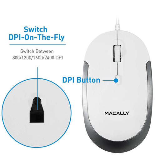 Macally USB Optical Silent Click Mouse - Wired Mouse for Mac White (White/Gray) - Macfixit Australia