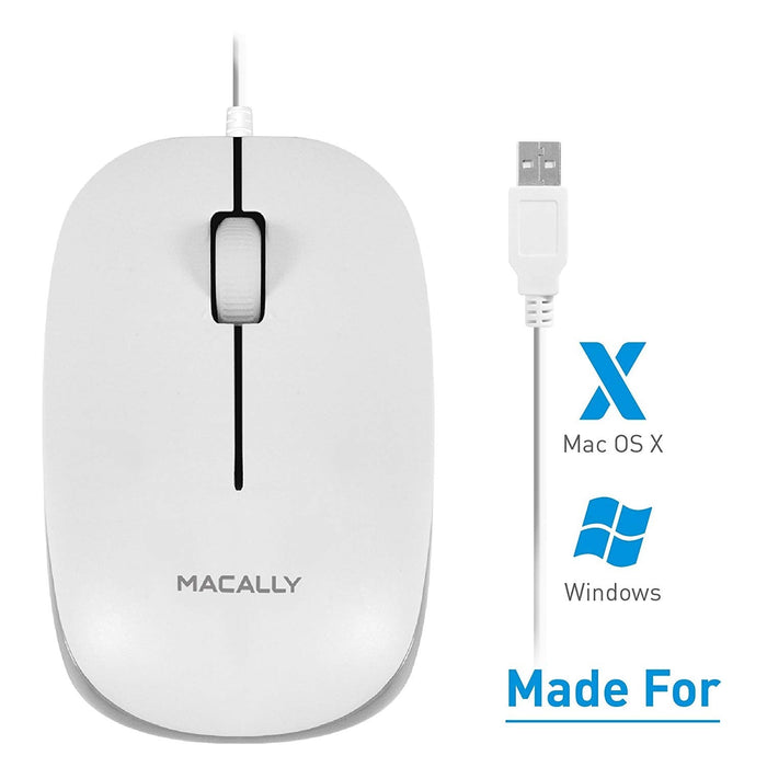Macally USB Wired Computer Mouse with 3 Button, Scroll Wheel, 5 Foot Long Corded, Compatible with Windows PC, Apple Macbook Pro - Air, iMac, Mac Mini, Laptops - White - Macfixit Australia