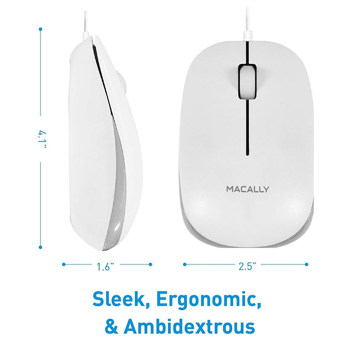 Macally USB Wired Computer Mouse with 3 Button, Scroll Wheel, 5 Foot Long Corded, Compatible with Windows PC, Apple Macbook Pro - Air, iMac, Mac Mini, Laptops - White - Macfixit Australia