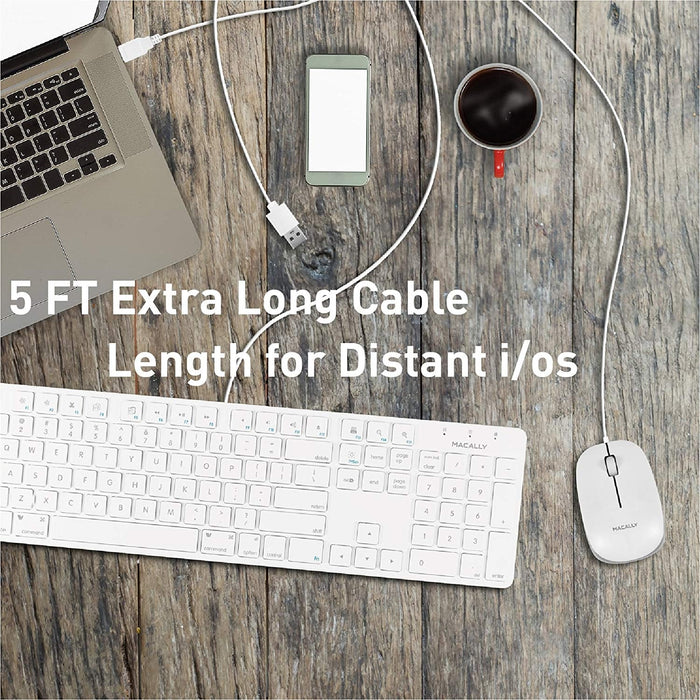 Macally USB Wired Computer Mouse with 3 Button, Scroll Wheel, 5 Foot Long Corded, Compatible with Windows PC, Apple Macbook Pro - Air, iMac, Mac Mini, Laptops - White - Macfixit Australia