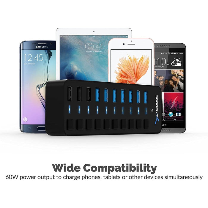 Sabrent 60W 10 - Port USB 3.0 Hub Includes 3 Smart Charging Ports with Individual Power Switches and LEDs - Macfixit Australia