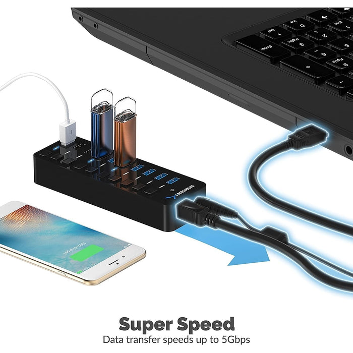 Sabrent 60W 10 - Port USB 3.0 Hub Includes 3 Smart Charging Ports with Individual Power Switches and LEDs - Macfixit Australia