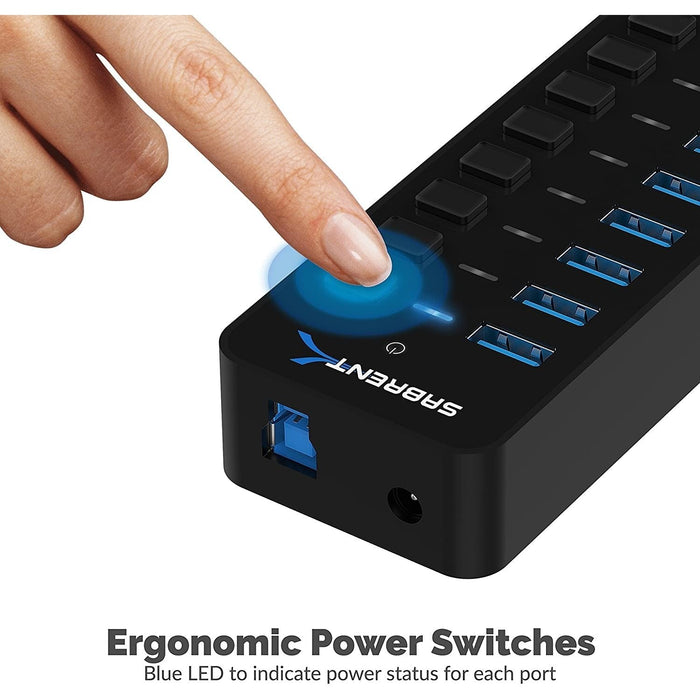 Sabrent 60W 10 - Port USB 3.0 Hub Includes 3 Smart Charging Ports with Individual Power Switches and LEDs - Macfixit Australia