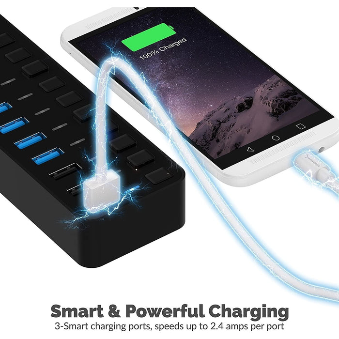 Sabrent 60W 10 - Port USB 3.0 Hub Includes 3 Smart Charging Ports with Individual Power Switches and LEDs - Macfixit Australia