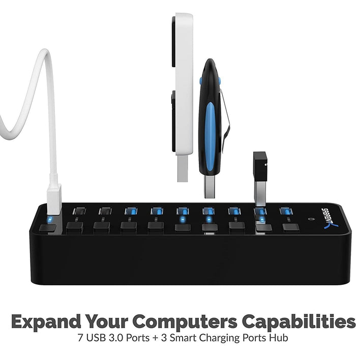 Sabrent 60W 10 - Port USB 3.0 Hub Includes 3 Smart Charging Ports with Individual Power Switches and LEDs - Macfixit Australia