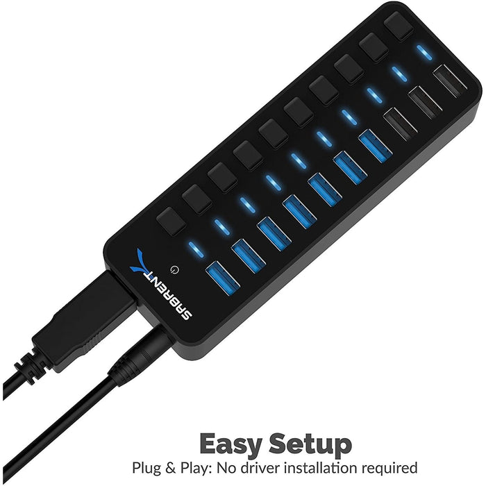 Sabrent 60W 10 - Port USB 3.0 Hub Includes 3 Smart Charging Ports with Individual Power Switches and LEDs - Macfixit Australia