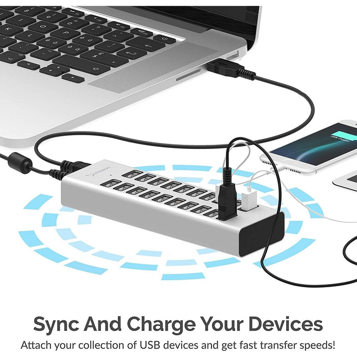 Sabrent 90W 20 - Port USB Multiple Port Charging Station - Fast Charger - Silver - Macfixit Australia