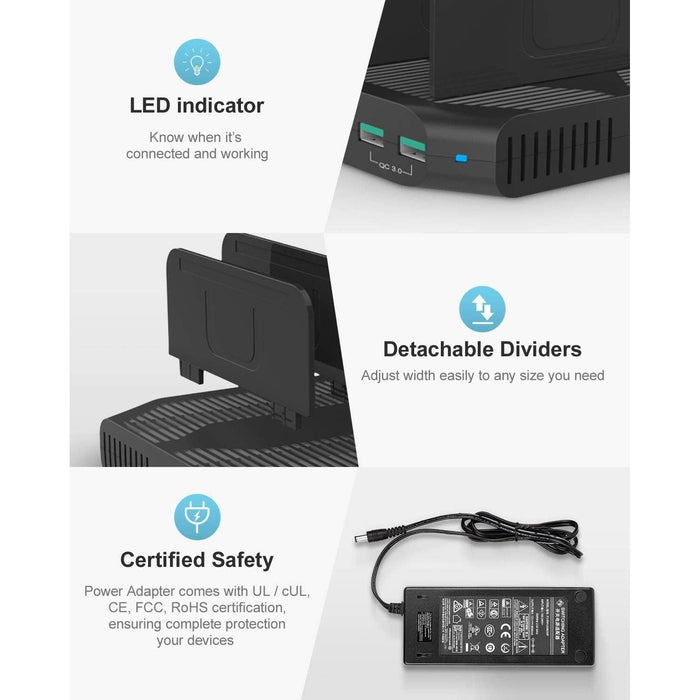 Unitek 10 Port USB 96W Charging Station for Multiple Devices, Charger Organizer Stand Dock with Dividers, Quick Charge 3.0 Compatible for Smartphone, Tablet, iPad and Other Electronics - Macfixit Australia