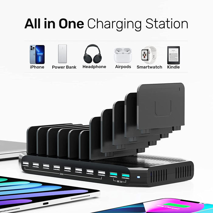 Unitek 10 Port USB 96W Charging Station for Multiple Devices, Charger Organizer Stand Dock with Dividers, Quick Charge 3.0 Compatible for Smartphone, Tablet, iPad and Other Electronics - Macfixit Australia