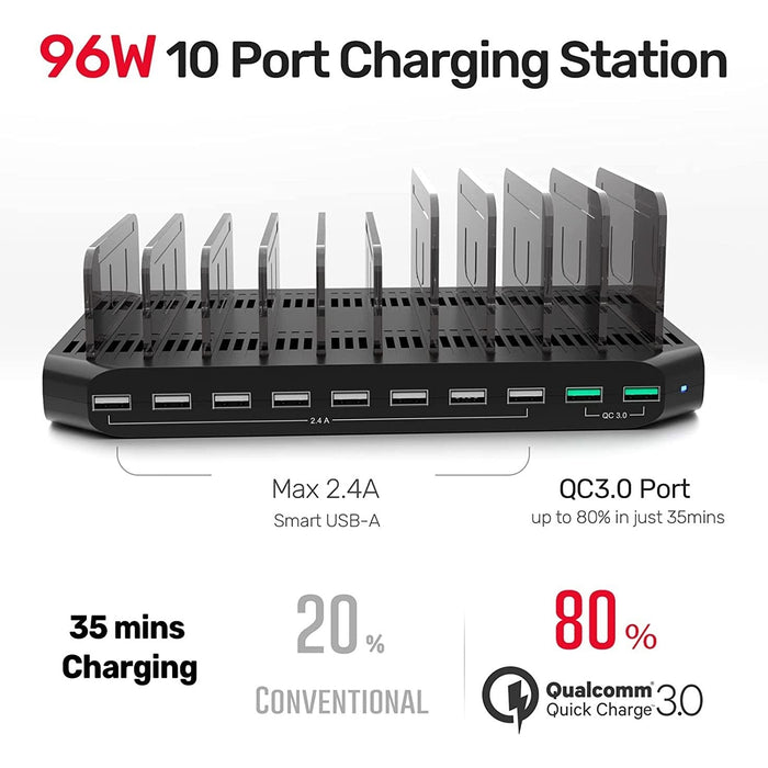 Unitek 10 Port USB 96W Charging Station for Multiple Devices, Charger Organizer Stand Dock with Dividers, Quick Charge 3.0 Compatible for Smartphone, Tablet, iPad and Other Electronics - Macfixit Australia