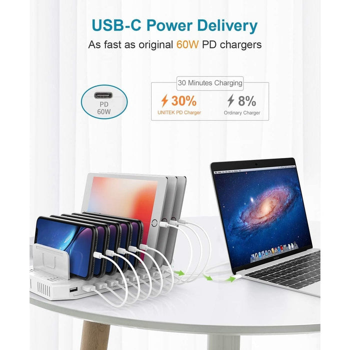 Unitek 160W 10 - Port USB Quick Charger Dock for iPads and iPhones with Power Delivery that will charge all Macbook Pro and Macbook Air made after 2015 - White - Macfixit Australia